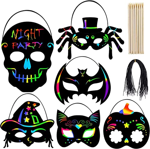 KATELUO 24 PCS Kratzbilder Masken, Halloween Masken Kinder, Masken Bastelset DIY mit Elastischen Kordeln und Holzgriffel, für Kinder Geburtstag Ostern Weihnachten Halloween Geschenk Party Zubehör von KATELUO