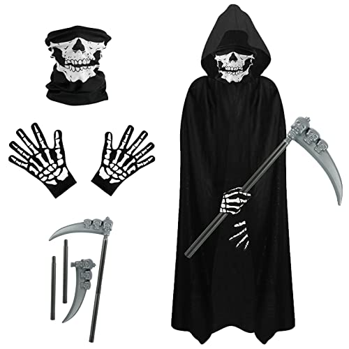 KATELUO Halloween Kostüm Set, Sensenmann Kostüm,Skelett Handschuhe, Skelett Maske, Sensenmann Sense, für Motorradfahren, Reiten, Skifahren, Outdoor Aktivitäten, Halloween, Karneval Verkleiden von KATELUO