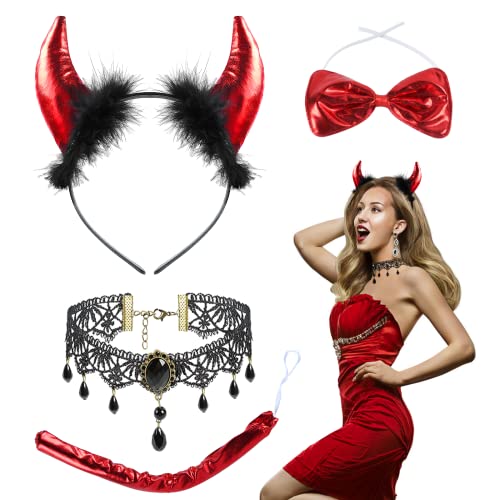 KATELUO Königin Halloween Teufel Hörner Kostüm Set, Rot Teufel Stirnband, Teufel Kopfschmuck, Devil Horns Cosplay mit Spitzenhalskette und Teufelsschwanz für Halloween Karneval Maskerade. von KATELUO