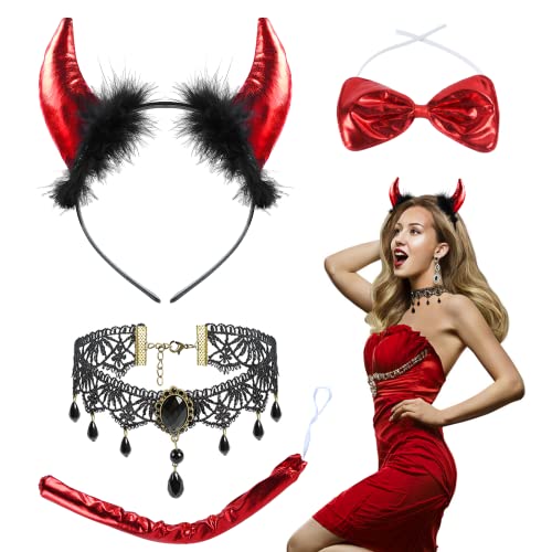 KATELUO Königin Halloween Teufel Hörner Kostüm Set, Rot Teufel Stirnband, Teufel Kopfschmuck, Devil Horns Cosplay mit Spitzenhalskette und Teufelsschwanz für Halloween Karneval Maskerade. KATELUO Königin Halloween Teufel Hörner Kostüm Set, Rot Teufel Stirnband, Teufel Kopfschmuck, Devil Horns Cosplay mit Spitzenhalskette und Teufelsschwanz für Halloween Karneval Maskerade. von KATELUO