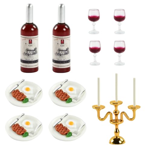 35 Stück Miniatur Puppenhaus Geschirr, Miniatur Lebensmittel Spielzeug, Miniatur Steak Set, Miniatur Rotweinglas, Miniatur-Kerzenhalter, Miniatur Puppenhaus Zubehör von KATELUO