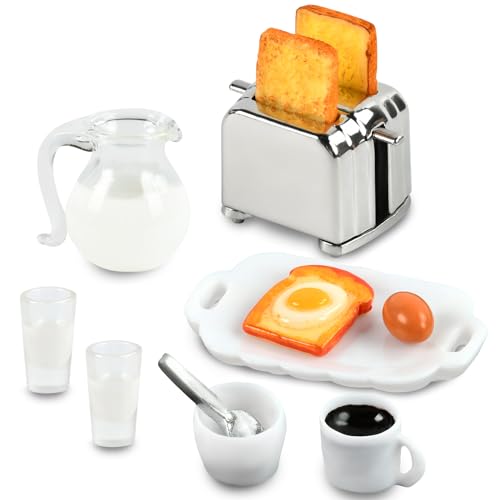 Puppenhaus Lebensmittel Zubehör, Mini Lebensmittel Getränk, Puppenhaus Miniatur Frühstück, Mini Toastmaschine Brot Saft Milch Eier Tassen Teller Löffel Puppenhaus Dekoration Essen Spielzeug von KATELUO