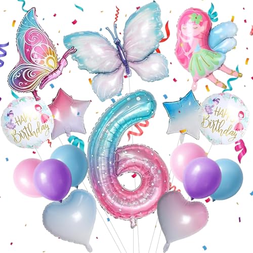 Schmetterling Ballon, 16pcs Schmetterling Deko Geburtstag 6, Geburtstag Deko 6 Jahre Mädchen, Mit Kleinen Strohhalmen und Kleinen Bändern,Geeignet für den Geburtstag Eines 6-Jährigen Mädchens von KATELUO