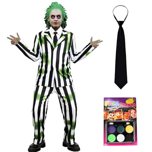 KATOLK Herren Schwarz-Weiß-Grün gestreiftes Halloween-Kostüm, Erwachsenen-Cosplay-Anzug mit Krawatte und Gesichtsfarbe für Horror-Thema von KATOLK