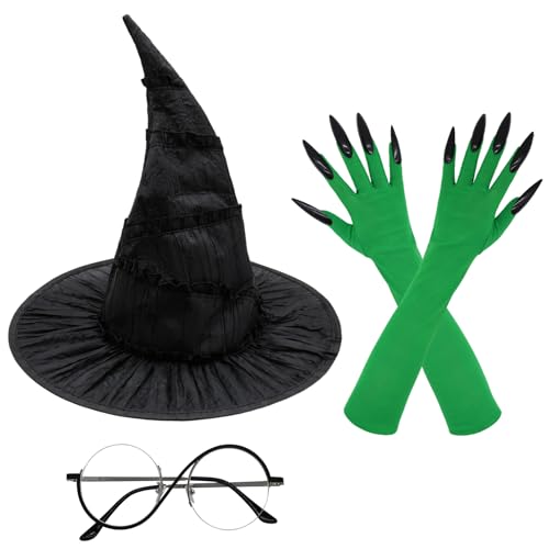 KATOLK Hexen-Cosplay-Zubehör-Set – schwarzer Hut, grüne Handschuhe & runde Brille für Halloween-Filmrolle – Spielen, Fantasy-Events von KATOLK