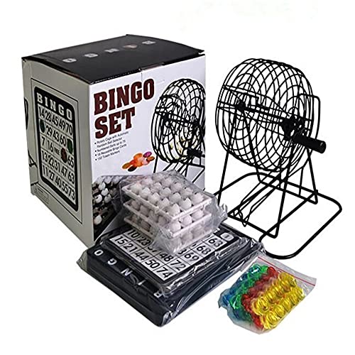 KAV Bingo-Spiel-Set mit 20,3 cm großem, rundem Metallkäfig, Kunststoff-Masterboard, 75 Bälle, Karten und Bingo-Chips für klassische, traditionelle Familienparty-Spiele, Schwarz von KAV