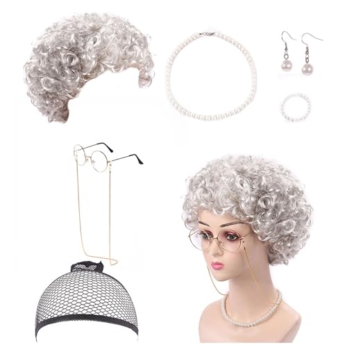 KAYEF 7 Stück Perücken Set für alte Damen, oma kostüm, zu oma kostüm alte frau, großmutter kostüm alte dame kostüm set für kostüm fasching halloween cosplay damen KAYEF 7 Stück Perücken Set für alte Damen, oma kostüm, zu oma kostüm alte frau, großmutter kostüm alte dame kostüm set für kostüm fasching halloween cosplay damen von KAYEF