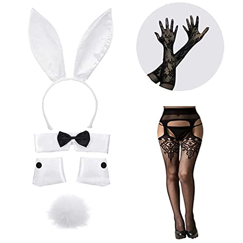 KALUROIL Damen Bunny Zubehör Set Hasenohren Stirnband Kragen Fliege Kostüm Manschetten Hasenschwanz Kostüm Cosplay Party KALUROIL Damen Bunny Zubehör Set Hasenohren Stirnband Kragen Fliege Kostüm Manschetten Hasenschwanz Kostüm Cosplay Party von KAYLRE