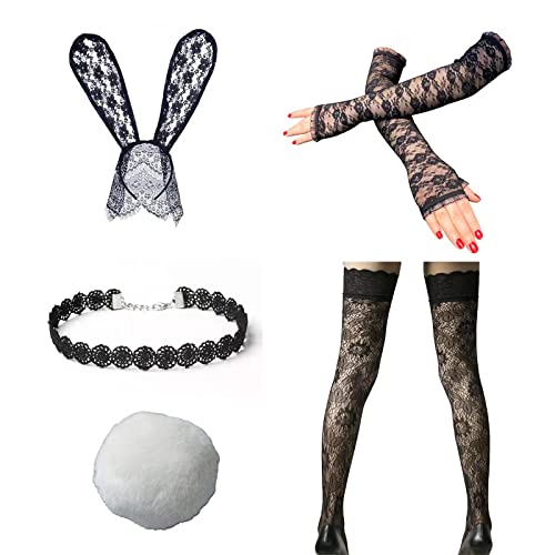 KAYLRE Damen Bunny Zubehör Set Hasenohren Stirnband Kragen Fliege Kostüm Manschetten Hasenschwanz Kostüm Cosplay Party（5 PCS） von KAYLRE