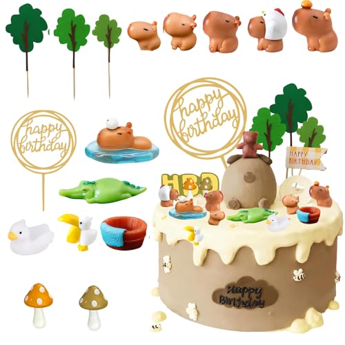 Capybara Kuchendekoration, 19 Stück, Mini-Capybara-Kuchendekoration, Happy Birthday-Kuchenaufsatz mit Harz-Tieren, Capybara-Party-Dekorationen für Geburtstagskuchen von KAZGVN