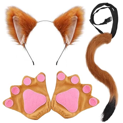 Fuchskostüm, 4-teiliges Fuchskostüm inklusive Therianschwanz, Ohren, Stirnband und Fuchspfotenhandschuhe, pelziger Fuchs, Wolfsschwanz-Set für Fasching, Fuchs, Cosplay, Bühnenshow, Kostüm von KAZGVN