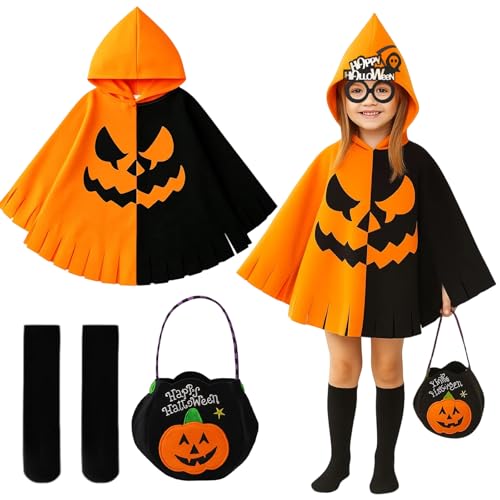 Halloween-Kürbis-Kostüm, Halloween-Kostüme für Kinder, 4 Stück, Kinderkostüme mit Kürbisumhang, Socken, Brillentaschen, Mädchen-Jungen-Kostüm für Karneval Halloween-Kürbis-Kostüm, Halloween-Kostüme für Kinder, 4 Stück, Kinderkostüme mit Kürbisumhang, Socken, Brillentaschen, Mädchen-Jungen-Kostüm für Karneval von KAZGVN