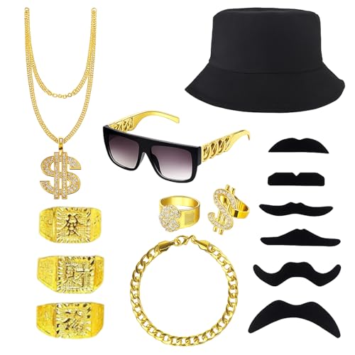 KAZGVN 80er-Jahre-Kostüm für Herren, Halloween-Kostüme, 15-teiliges 90er-Jahre-Kostüm-Set mit Hut, Ring, Brille, Armband, künstliche Goldkette, Bart für Hippie-Disco-Motto-Party KAZGVN 80er-Jahre-Kostüm für Herren, Halloween-Kostüme, 15-teiliges 90er-Jahre-Kostüm-Set mit Hut, Ring, Brille, Armband, künstliche Goldkette, Bart für Hippie-Disco-Motto-Party von KAZGVN
