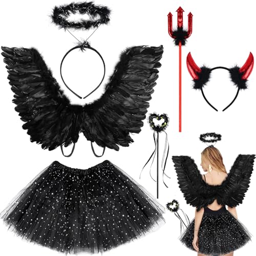 KAZGVN Engelskostüm, Halloween-Kostüme für Damen, 6-teiliges Karnevalskostüm-Set mit Engelsflügeln, Rock, Heiligenschein, Liebesstab, Teufelshörner, Stirnband, Teufelsgabel, für Halloween, Weihnachten von KAZGVN