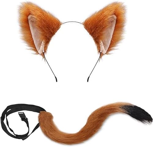 KAZGVN Fuchskostüm, 2/3-teiliges Fuchskostüm inklusive Therianschwanz, Ohren, Stirnband und Pfotenhandschuhe, pelziger Wolfsschwanz, Halloween-Kostüme für Halloween, Weihnachten, Karneval, Fasching von KAZGVN