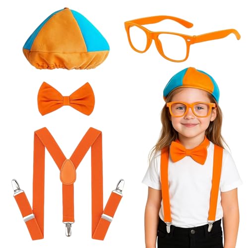 KAZGVN Halloween-Kostüme für Kinder, Halloween-Kostüme, 4 Stück, orange-blau, Kostüm für Jungen und Mädchen, mit Baskenmütze, Brille, Fliege und Hosenträgern KAZGVN Halloween-Kostüme für Kinder, Halloween-Kostüme, 4 Stück, orange-blau, Kostüm für Jungen und Mädchen, mit Baskenmütze, Brille, Fliege und Hosenträgern von KAZGVN