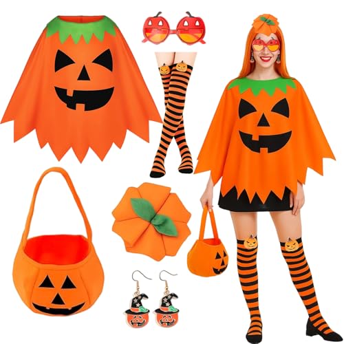 KAZGVN Halloween-Kürbis-Kostüm, Halloween-Kostüme für Erwachsene und Damen, 6-teilig, mit Kostümen, Kürbis-Stirnband, Süßigkeitentasche, Oberschenkelhohe Strümpfe, Brillen, Ohrringe KAZGVN Halloween-Kürbis-Kostüm, Halloween-Kostüme für Erwachsene und Damen, 6-teilig, mit Kostümen, Kürbis-Stirnband, Süßigkeitentasche, Oberschenkelhohe Strümpfe, Brillen, Ohrringe von KAZGVN