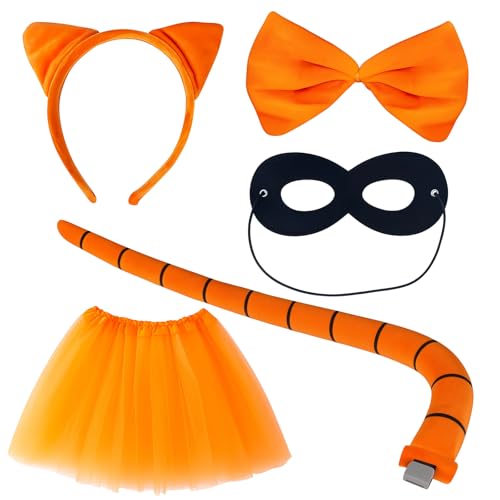 KAZGVN Katzen-Halloween-Kostüm für Kinder, 5 Stück, Katzen-Halloween-Kostüm, orangefarbener Rock, Ohren, Stirnband, Schwanz, Fliege, Maske für Cosplay, Karneval, Party von KAZGVN