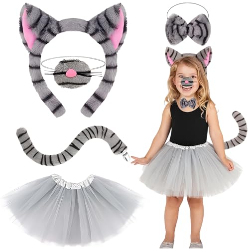 KAZGVN Katzen-Halloween-Kostüm für Kinder, Katzen-Halloween-Kostüm, 5er-Set für Mädchen mit Stirnband, Nase, Fliege, Rock und Schwanz, für Kinder und Erwachsene, Cosplay, Karneval, Party KAZGVN Katzen-Halloween-Kostüm für Kinder, Katzen-Halloween-Kostüm, 5er-Set für Mädchen mit Stirnband, Nase, Fliege, Rock und Schwanz, für Kinder und Erwachsene, Cosplay, Karneval, Party von KAZGVN