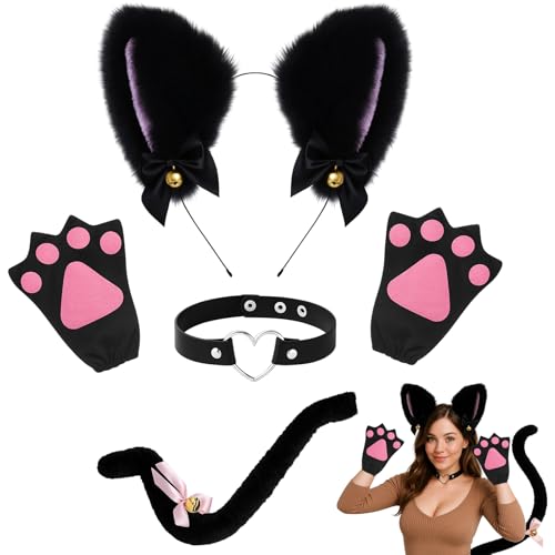 KAZGVN Katzenohren und -schwanz, Katzen-Halloween-Kostüm, 4-teiliges Katzenkostüm-Set enthält Ohren, Stirnband, Handschuhe, Schwanz und Kragen, Halloween-Kostüm-Zubehör für Fasching, Rollenspiele und von KAZGVN