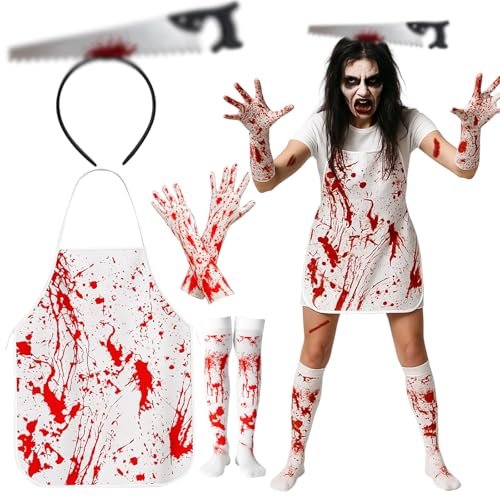 KAZGVN Krankenschwester-Halloween-Kostüm, Halloween-Kostüme für Erwachsene und Damen, 7-teilig, gruseliges Damenkostüm für Erwachsene mit Handschuhen, Socken, Stirnband, Tattoo-Aufklebern, Schürze KAZGVN Krankenschwester-Halloween-Kostüm, Halloween-Kostüme für Erwachsene und Damen, 7-teilig, gruseliges Damenkostüm für Erwachsene mit Handschuhen, Socken, Stirnband, Tattoo-Aufklebern, Schürze von KAZGVN