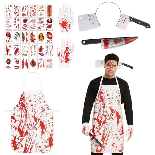 KAZGVN Metzger Halloween-Kostüme, Halloween-Kostüme, Herren, 34-teiliges Metzger-Kostüm-Set mit Stirnband, Handheld-Requisite, Schürze, Handschuhen und 30 Tattoos, gruseliges Kostüm für Erwachsene für KAZGVN Metzger Halloween-Kostüme, Halloween-Kostüme, Herren, 34-teiliges Metzger-Kostüm-Set mit Stirnband, Handheld-Requisite, Schürze, Handschuhen und 30 Tattoos, gruseliges Kostüm für Erwachsene für von KAZGVN