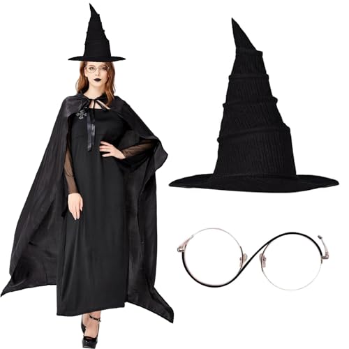 KAZGVN Zauberer-Kostüm, Halloween-Kostüm, für Erwachsene, Damen, Hexenhut, schwarz, gold, runde Brille, Zubehör, Halloween-Kostüm für Erwachsene, Cosplay, Karneval, Party von KAZGVN