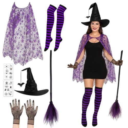 KAZGVN Zauberer-Kostüm, Halloween-Kostüme, 7-teiliges Halloween-Zauberer-Outfit mit Spinnennetz-Umhang, Zaubererhut, Besen, Handschuhen, Socken und Tattoos, Erwachsenenkostüm für Damen, Mädchen KAZGVN Zauberer-Kostüm, Halloween-Kostüme, 7-teiliges Halloween-Zauberer-Outfit mit Spinnennetz-Umhang, Zaubererhut, Besen, Handschuhen, Socken und Tattoos, Erwachsenenkostüm für Damen, Mädchen von KAZGVN