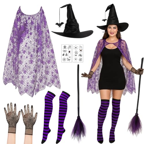 KAZGVN Zauberer-Kostüm, Halloween-Kostüme, 7-teiliges Halloween-Zauberer-Outfit mit Spinnennetz-Umhang, Zaubererhut, Besen, Handschuhen, Socken und Tattoos, Erwachsenenkostüm für Damen, Mädchen von KAZGVN