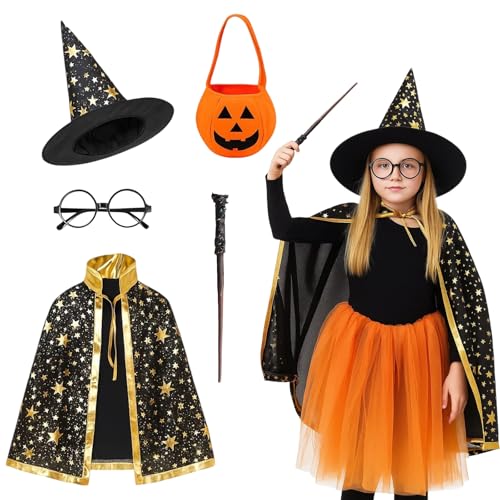 KAZGVN Zauberer Kostüm, Halloween Kostüme für Kinder, 5-teiliges Zauberer Outfit mit Umhang, Hut, Zauberstab, Brille und Kürbistasche, Zauberer Kostüm Kinder für Halloween Party Rollenspiel Geburtstag KAZGVN Zauberer Kostüm, Halloween Kostüme für Kinder, 5-teiliges Zauberer Outfit mit Umhang, Hut, Zauberstab, Brille und Kürbistasche, Zauberer Kostüm Kinder für Halloween Party Rollenspiel Geburtstag von KAZGVN