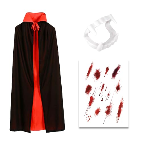 KBCYRT Schwarzer Umhang Vampirzähne Kunstblut Set Halloween Kostüm Zubehör für Junge oder Mädchen Erwachsene Schwarz Rot Wendeumhang 90 cm Länge Stehkragen Party Dress Up von KBCYRT