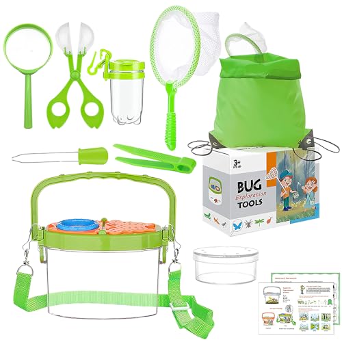 KBIBCK 11 Stück Forscherset Outdoor Spielzeug Set, mit Insektenfänger, Becherlupe, Mikroskop, Pinzette, Kordelzugbeutel Camping Naturerkundungen Geschenk für Junge und Mädchen ab 3 6 Jahre von KBIBCK