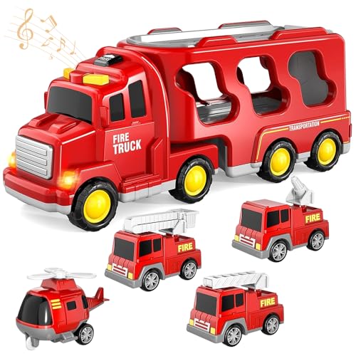 KBIBCK 5 in 1 Feuerwehrauto Spielzeug, Kinder LKW Spielzeug Transporter mit Mini Autos, Autotransporter Spielzeugs mit Sound & Licht,Feuerwehrauto Spielzeugs Set für 3 4 5 6 7 Jahre alt Jungen Mädchen KBIBCK 5 in 1 Feuerwehrauto Spielzeug, Kinder LKW Spielzeug Transporter mit Mini Autos, Autotransporter Spielzeugs mit Sound & Licht,Feuerwehrauto Spielzeugs Set für 3 4 5 6 7 Jahre alt Jungen Mädchen von KBIBCK
