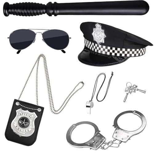 KBIBCK 6 Stück Polizei Zubehör Set, Handschellen Kinder Polizei Set mit Handschellen Abzeichen Sonnenbrille Schlagstock, Polizei Kostüm Zubehör für Cosplay von KBIBCK
