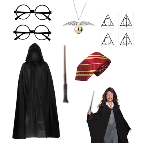 KBIBCK Zauberer Umhang Kostüm Set, 6-Teiliges Zauberer Kostüm Kinder, Magier Robe Zauberer Outfit Set mit Umhang, Zauberstab, Brille, Krawatte, Schnatzkette & Aufkleber für Halloween Maskerade Cosplay von KBIBCK