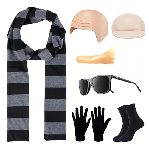 KBIBCK 7-teiliges Cartoon-Cosplay-Kostüm-Zubehör, Gru-Kostüm, kahle Kappe, schwarz-grau gestreifter Schal, Sonnenbrille, Socken, lange Nase für Halloween-Kostüme, Rollenspiele, Partyzubehör von KBIBCK
