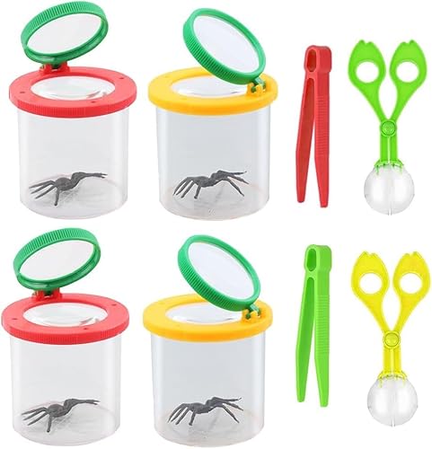 KBIBCK Becherlupen für Kinder, 8 Stück Becherlupe Set, Insekten Beobachtungsbox Insekt Viewer Box Insekten Viewer, Insektenbox für Kinder mit 4 Lupendose,2 Pinzette und 2 Insektenfänger Scherenzange von KBIBCK