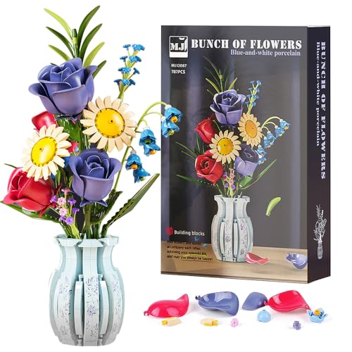 KBIBCK Blumen Bausteine Bausatz, 787 PCS Blumenstrauß Bausteine Set, Rosen Blumen Bauspielzeugset mit Vase, Blumenstrauß Klemmbausteine, Idee Geschenke für Valentinstag Geburtstage Muttertag (Celadon) von KBIBCK