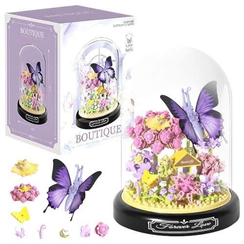 KBIBCK Blumen Bausteine Set, Blumen Bauspielzeug Set, 582-Teile Mini Baustein, Blumenstrauß Baustein mit Schutzhülle,Blumen Insekten Klemmbausteine Bausteine Geschenk für Mama Freundin(Lila Butterfly) von KBIBCK