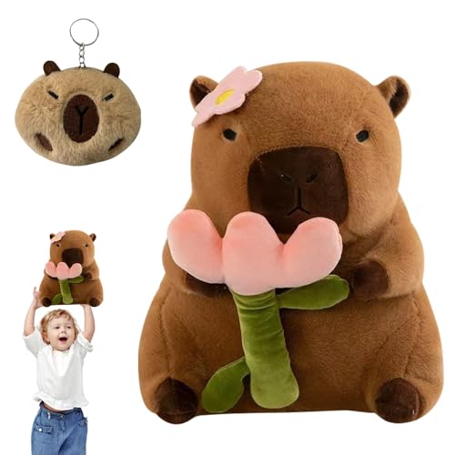 KBIBCK Capybara Plüschtier, 30 cm Niedliche Capybara Kuscheltier mit Schlüsselanhänger & Blume, Capybara Plushies, Simulation Capybara Plüschtier, Capybara Stofftier, Geschenk für Kinder Mädchen Junge von KBIBCK