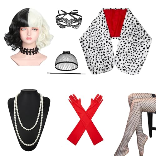 KBIBCK Cruella Kostüm Damen, 8 Stück Cruella Devil Kostüm Dame, Kurze Schwarze und Weiße Perücke, Rote Handschuhen, Spitze Maske, Holder, Halskette, Netzhose, Damen Set Cosplay Kostüm Party KBIBCK Cruella Kostüm Damen, 8 Stück Cruella Devil Kostüm Dame, Kurze Schwarze und Weiße Perücke, Rote Handschuhen, Spitze Maske, Holder, Halskette, Netzhose, Damen Set Cosplay Kostüm Party von KBIBCK