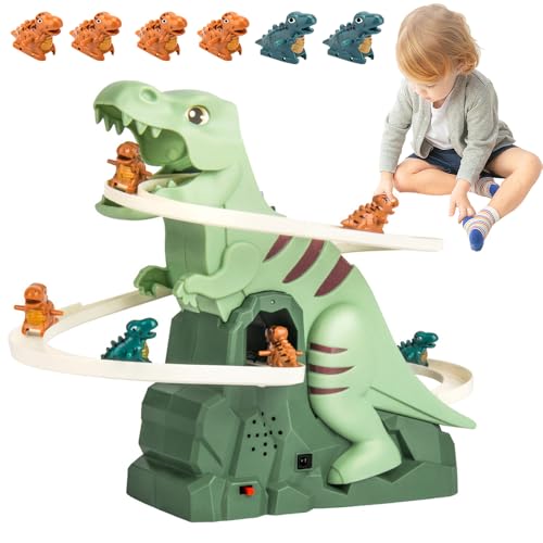 KBIBCK Dinosaurier Kletterspielzeug, Dinosaur Climbing Roller Coaster Toy, Dinosaurier Achterbahn Spielzeug mit Licht und Musik, Dino-Rutsche mit 6 Dino, Weihnachten Geschenk für Jungen und Mädchen von KBIBCK
