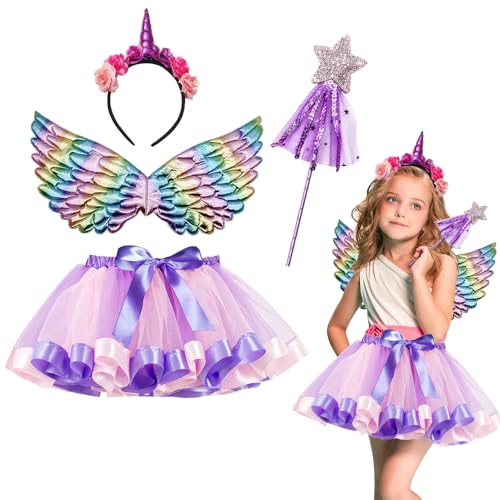 KBIBCK Einhorn kostüm kinder, 4 Pcs Einhorn Kostüm Prinzessin Set, Mädchen Einhorn Haarreif Flügel mit Tutu Rock Kinder, Haarreif Prinzessin Kleid für Unicorn Cosplay Kindergeburtstag Karneval KBIBCK Einhorn kostüm kinder, 4 Pcs Einhorn Kostüm Prinzessin Set, Mädchen Einhorn Haarreif Flügel mit Tutu Rock Kinder, Haarreif Prinzessin Kleid für Unicorn Cosplay Kindergeburtstag Karneval von KBIBCK