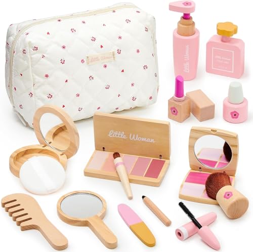 KBIBCK Holz Kinderschminke Set, Holzschminke Spielset, Rollenspiel Beauty Set, Weihnachten Geburtstags Geschenk für Mädchen ab 3 4 5 6 7 Jahre von KBIBCK