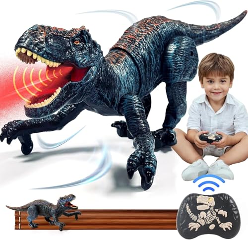 KBIBCK Kinder Ferngesteuertes Dinosaurier Spielzeug, RC Dinosaurier Dino Roboter, mit Brüllen, Sprühfunktion, Kopf- und Schwanzbewegungen, Realistische Gehbewegungen von KBIBCK