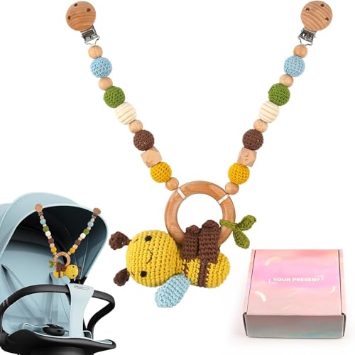 KBIBCK Kinderwagenkette aus Holz und Häkeln, Kinderwagen Kette für Babys, Mobile Kinderwagen Accessoires Kette für Babys, Cartoon Tiere Kinderwagenkette für Babyschale (Bienen) von KBIBCK