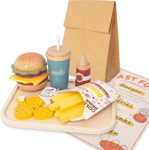 KBIBCK Küchenspielzeug Hamburger Fast Food Set, Holz Lebensmittel Spielzeug für Kinder, Kinderküche Spielküche Zubehör aus Holz, Gift for Boys Girls Educational Toys von KBIBCK