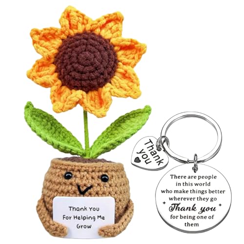 KBIBCK Positive Sonnenblumen-Geschenke, handgefertigte Häkelblumen, positive Sonnenblumen-Puppe, gehäkelt, mit positiven Worten, Schlüsselanhänger, emotionale Unterstützung, Abschlussgeschenk von KBIBCK