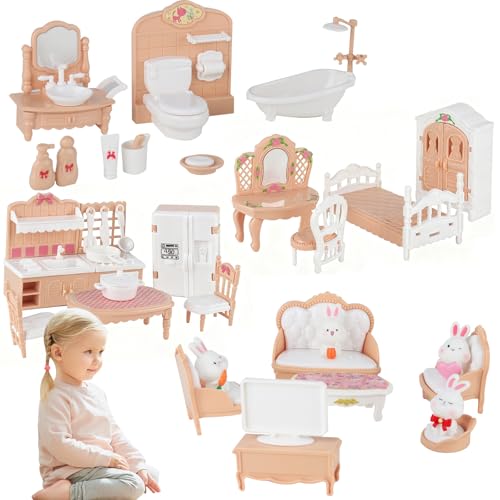KBIBCK Puppenhaus-Möbel-Set, Puppenhaus-Möbel-Set, Miniatur-Kunststoff, Maßstab 1:12, Mini-Haus-Zubehör, Spielmöbel, Spielzeug für Jungen und Mädchen, 32-teilig von KBIBCK