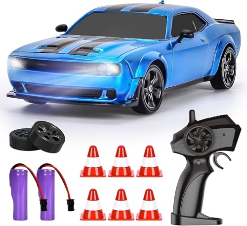 KBIBCK RC Drift Car, 1:24 Rennauto Ferngesteuert, 30km/H 4WD 2,4 GHz Fernsteuerung Mini RC Car mit Led-Leuchten, Reifen und Straßensperren (Blau) von KBIBCK